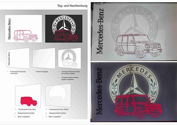Entwurf »Mercedes« mit Schichtaufbau und Umsetzung in Acrylglas